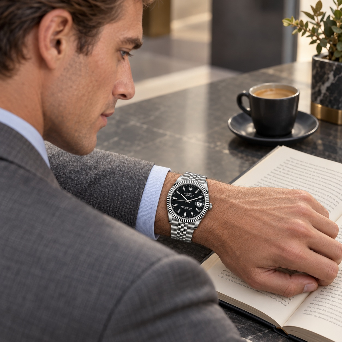 Fluted-Bezel Textured Dial Watch worn by a male model in formal tailored styling