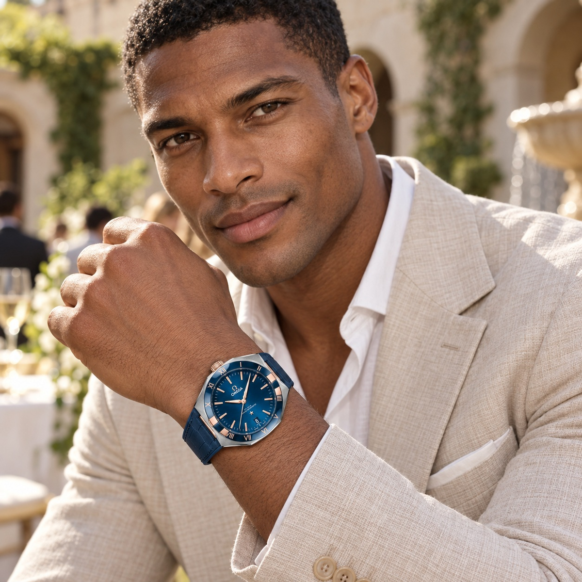 Notched-Bezel Baton-Dial Strap Watch worn by a male model in formal tailored styling