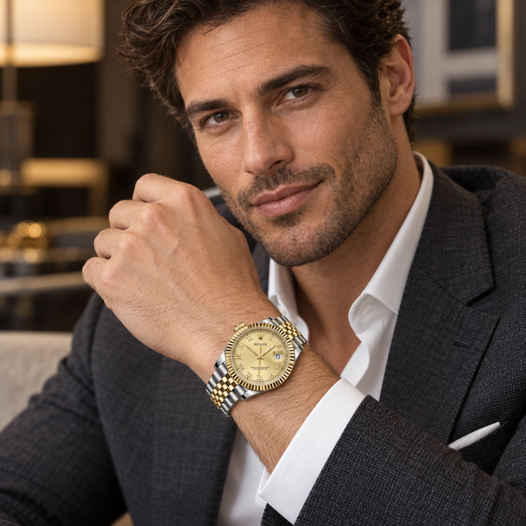 Fluted-Bezel Roman-Marker Bracelet Watch worn by a male model in formal tailored styling