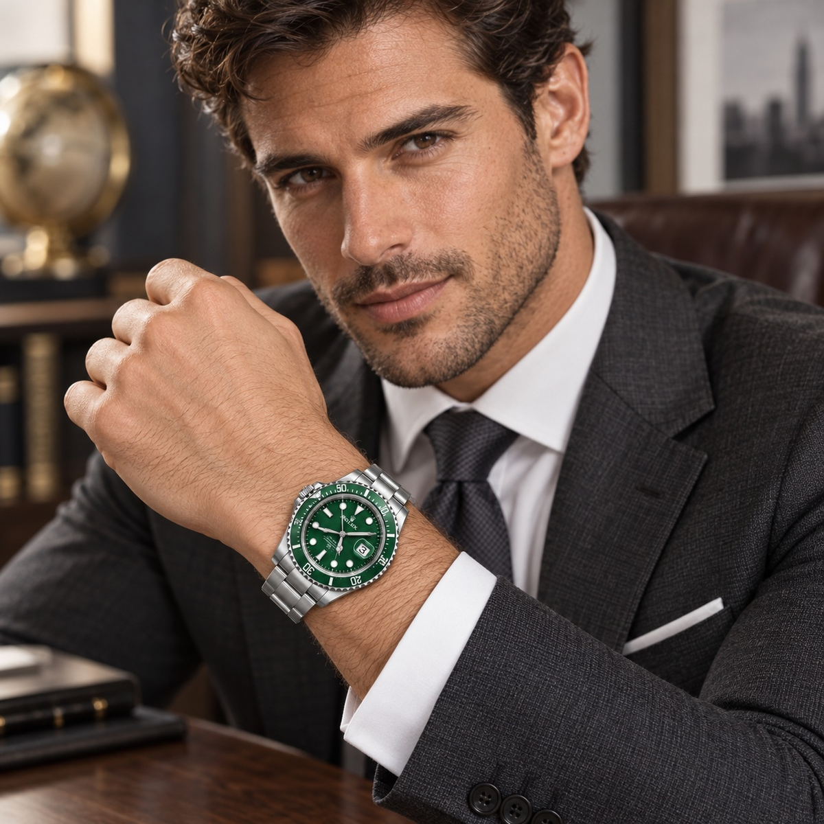 Circular-Marker Bezel Bracelet Watch worn by a male model in formal tailored styling