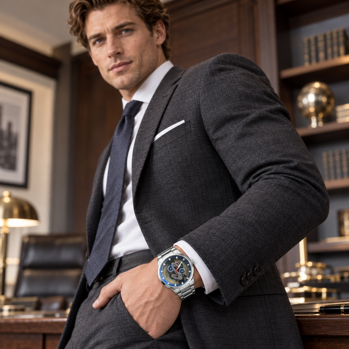 Skeleton Cushion Watch worn by a male model in formal tailored styling