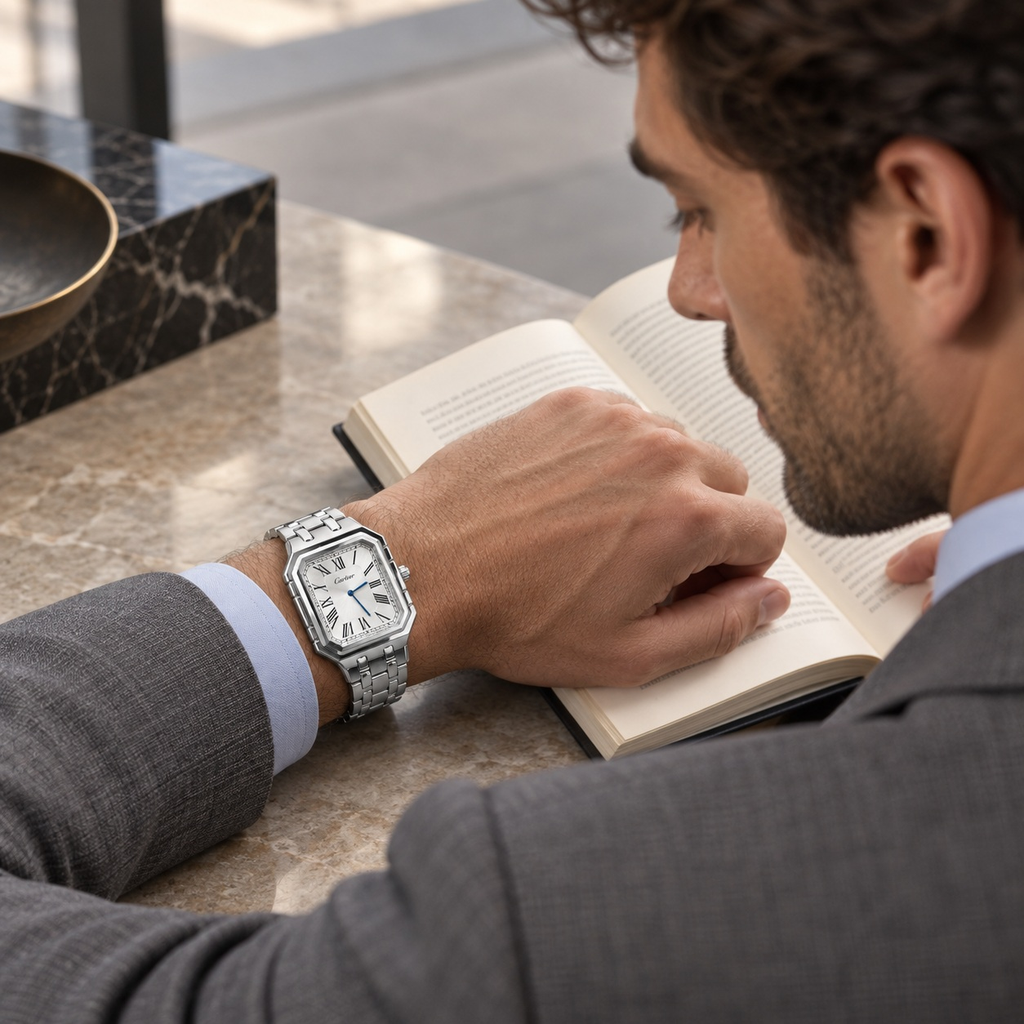 Rectangular Watch worn by a male model in formal tailored styling