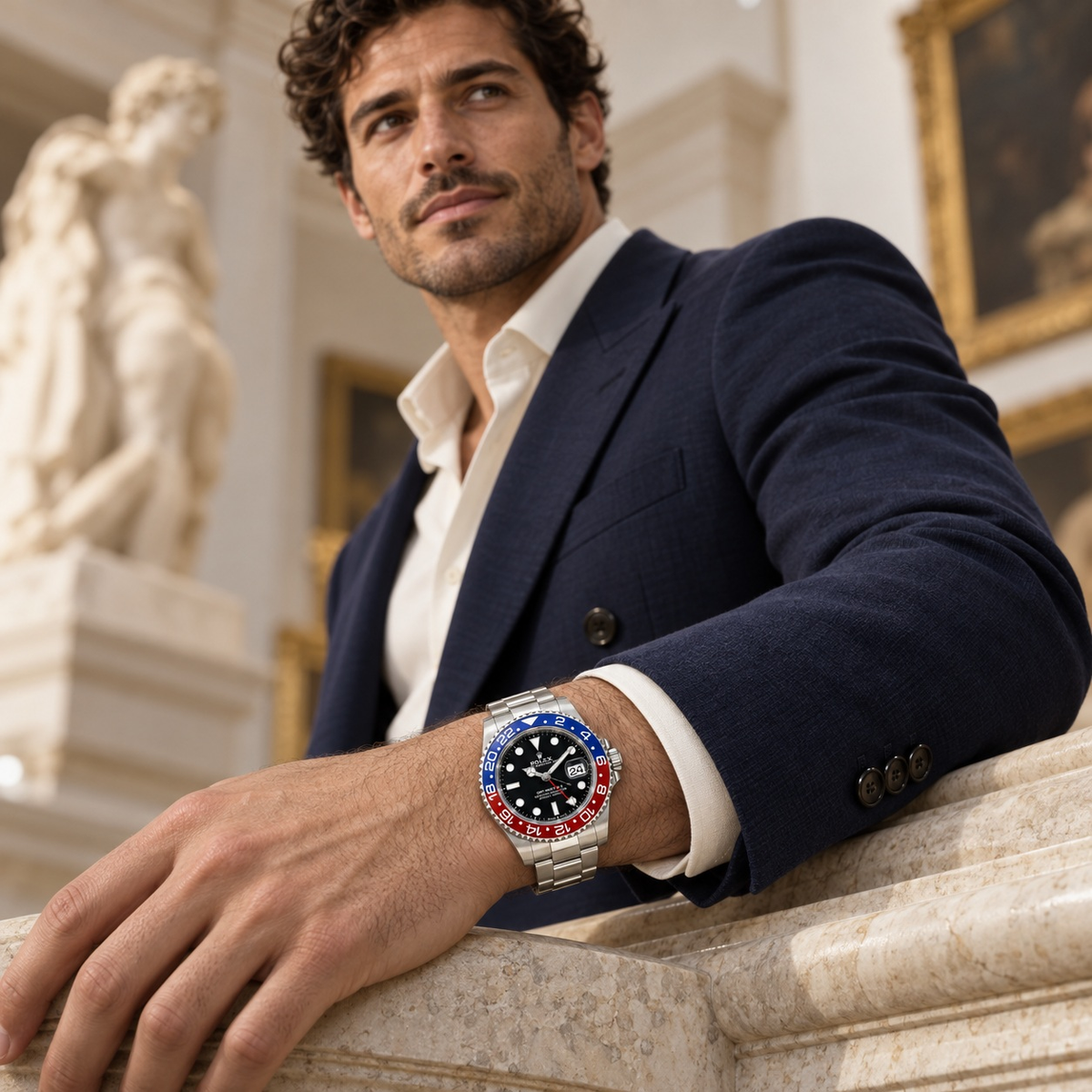 Two-Color-Bezel Bracelet Watch worn by a male model in formal tailored styling