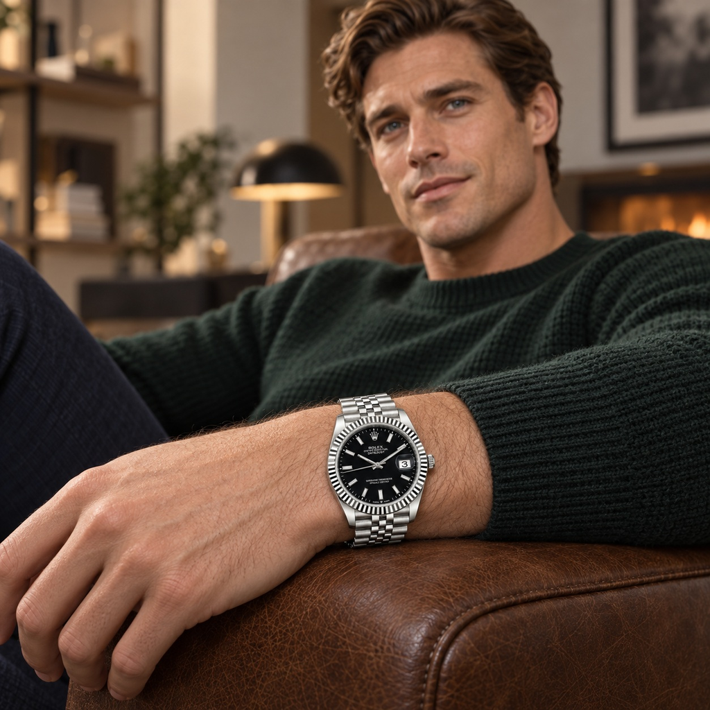Fluted-Bezel Textured Dial Watch worn by a male model in a relaxed casual setting