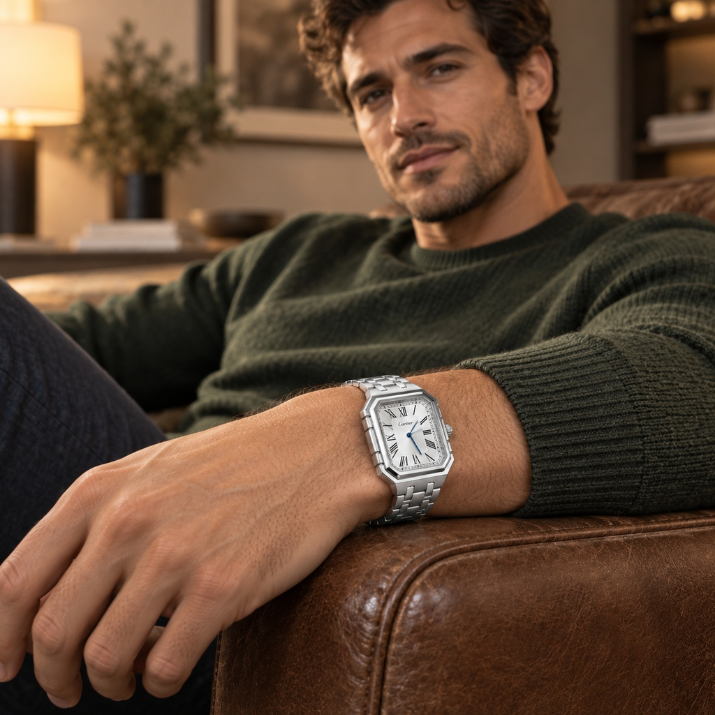 Rectangular Watch worn by a male model in a relaxed casual setting