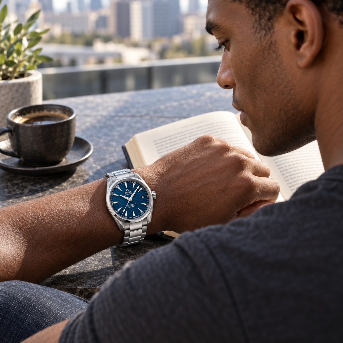 Arrow-Marker Round Date Watch worn by a male model in a relaxed casual setting